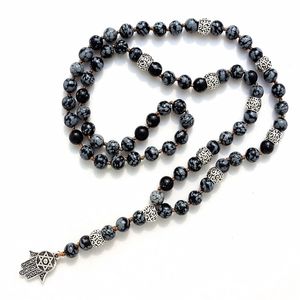 FANCY SCANDAL Long collier Lariat avec perles en pierre naturelle de 8 mm et pendentif Hamsa Collier homme pour homme Collier Mala Cadeau 210331