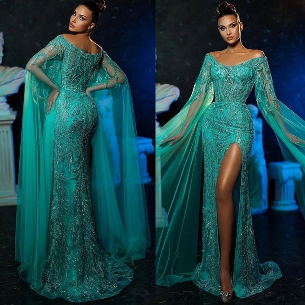 Robe de bal sirène vert Turquoise fantaisie, tenue de soirée fendue sur le côté, en dentelle et cristaux, sur mesure