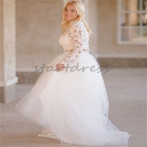 Elegante vestido de novia de dos piezas de talla grande Top de encaje de manga larga Boho Garden Vestidos de novia Una línea hasta el suelo Vestido de novia campestre de tul 2024 Elegante Robe De Mariage Mujer