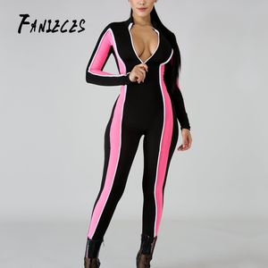 Fanieces streetwear bodycon sexy jumpsuit voor vrouwen zomer herfst rits lange mouw romper dames vrouwelijke overalls 210520