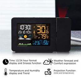 FanJu Estación de alarma digital LED Temperatura Humedad Pronóstico del tiempo Posponer reloj de mesa con proyección de tiempo Y200407266L