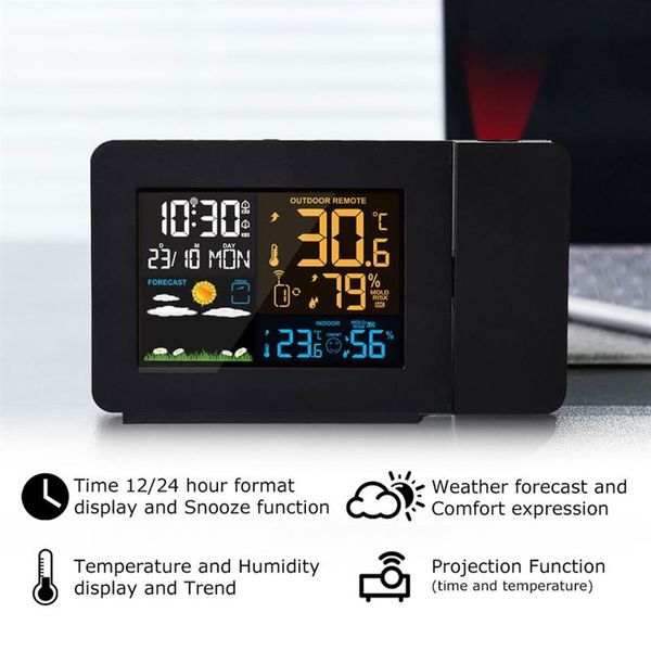 FanJu Station d'alarme numérique LED température humidité prévisions météorologiques Snooze horloge de Table avec Projection de l'heure Y200407220e