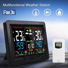 FanJu Termómetro digital para exteriores Higrómetro Reloj despertador Estación meteorológica para el hogar Sensor inalámbrico Calendario Mesa cómoda Reloj de escritorio 210719