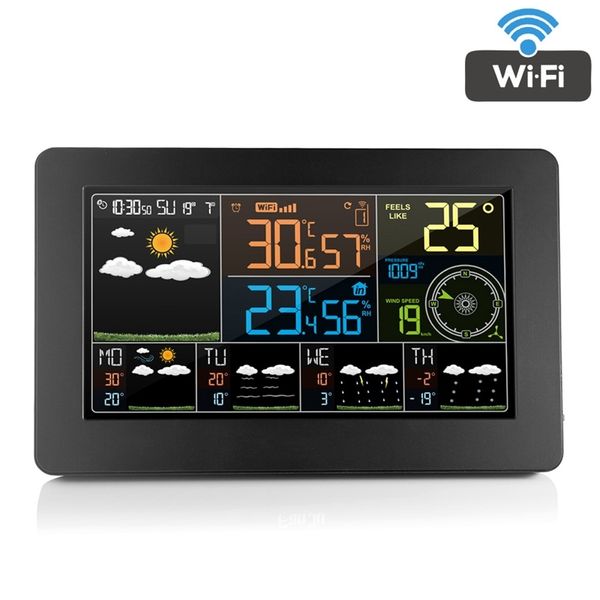 Fanju W4 Wifi Horloge Humidité Pression Prévisions Météo Réveil Numérique Température avec Capteur Sans Fil 201222