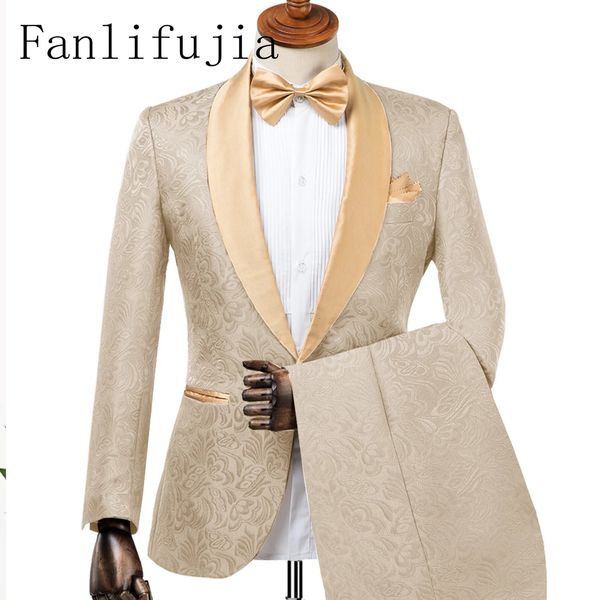Fanlifujia Mens Mariding Cost Italian Design Custom Made Champagne Smoking Tuxedo Jacket 2 Piece Groom Terno pour hommes 240407