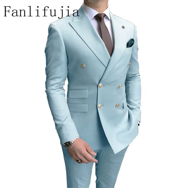 Fanlifujia Store Casual Sky Blue Men Costumes Double revers Breteste Gold Button Groom Wedding Tuxedos Costume Homme 240412