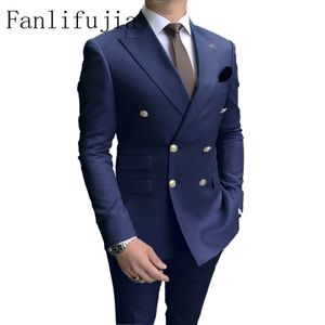 FanLifujia Store Navy Men Party Tuxedos 2 stuks Nieuwste Rapel Suits Gold Buttons Fashion Style Double Breasted 240407