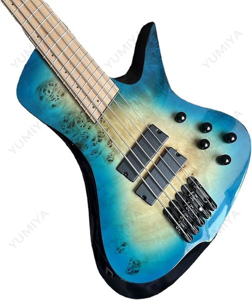 Fanned Fret 5 cordes guitare basse électrique bleu Burl Burst Quilt dessus en érable rôti manche en érable