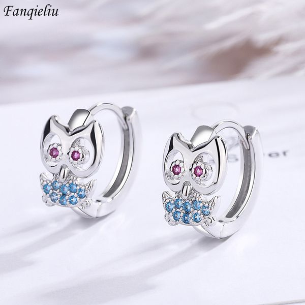 Fanqieliu Timbre 925 Argent Aiguille De Luxe Cristal Hibou Mignon Hoop Boucles D'oreilles Pour Les Femmes Nouveaux Bijoux Fille Cadeau À La Mode FQL21469