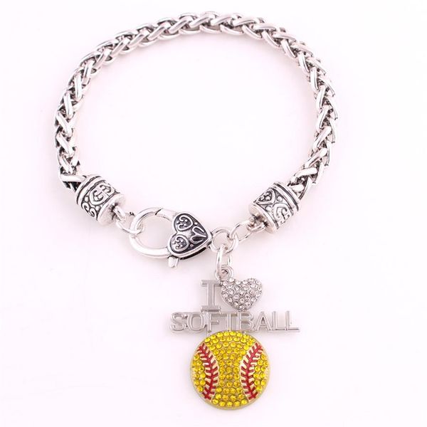 Bijoux de sport préférés des Fans, goutte 1 2 1 3 pouces, cristal I Love Softball, pendentif 2D, chaîne de blé, griffe de homard 291k