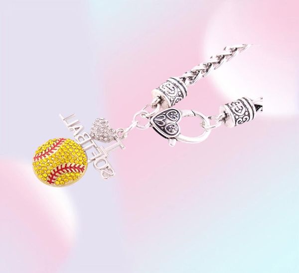 Bijoux de sport préférés des Fans, goutte 12quot13 pouces, cristal I Love Softball, pendentif 2D, chaîne de blé, griffe de homard, 1692344