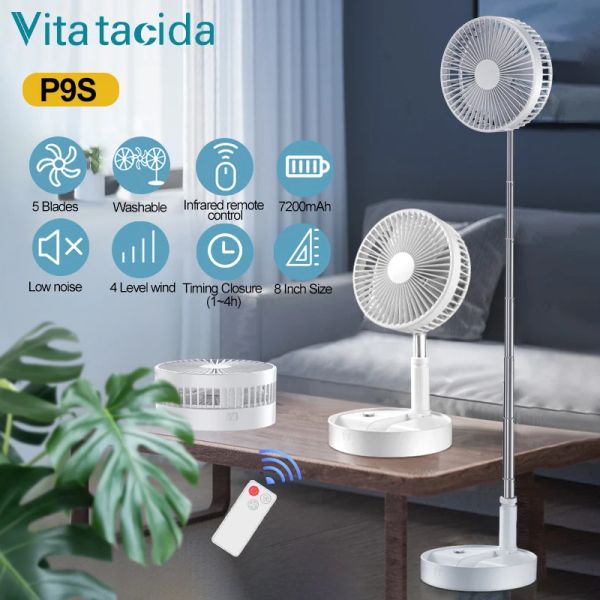 Fans P9s 7200mah USB Ventilador portátil Fácil almacenamiento Inalámbrico Recargable Soporte de piso Ventilador de escritorio plegable para viajes Camping Hogar