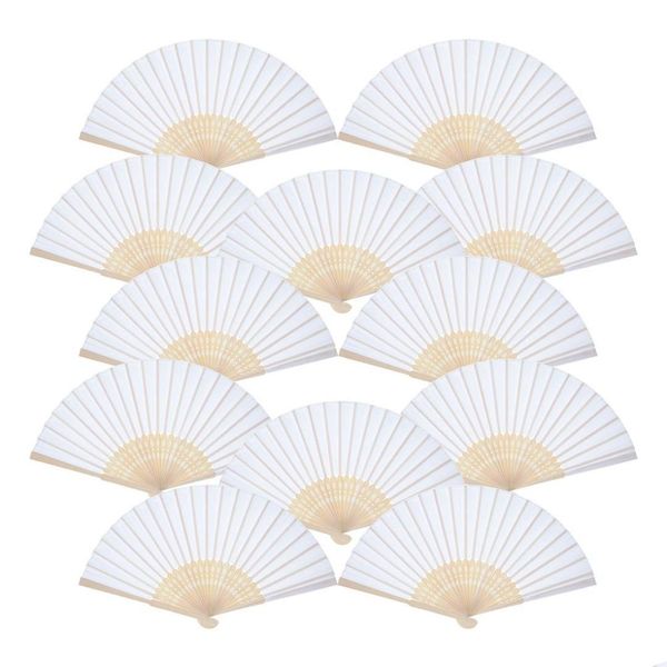 Ventilateurs Parasols 12 Pack Hand Held White Paper Fan Bambou Pliant De Poche Plié Pour Église Cadeau Party Favors Diy Drop Delivery Events Dhnnx