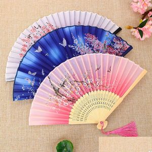 Fans Parasols Mélanger Couleur Chinois Style Soie Mariages À La Main Imprimé Fleur Papillon Poignée En Bois De Mariage Accessoires De Danse Avec Des Glands Dh6Ps