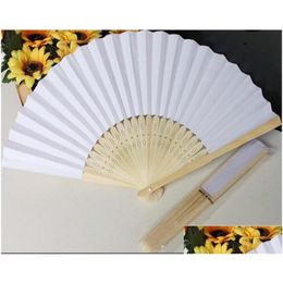 Fans Parasols Paper Hand Witte Chinese fan Wedding Bruids Dansaccessoires 21 cm Home Decorations Hollow Wood Holding WFS006 Drop DHWL1