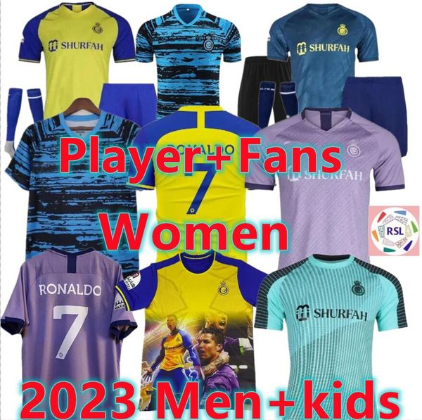 Fans Joueur Al Nassr FC Soccer Jerseys Ronaldo 2022 2023 Femmes Hommes Enfants Kit Uniforme Accueil Jaune CR7 Garçons Football Shiirt T Al-nassr