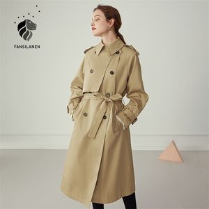 Fansilanen 100% coton kaki longues femmes trench-coat automne hiver col rabattu femmes vêtements casual manches longues ceinture tranchée 210812