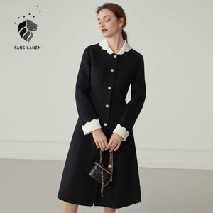 Fansilanen 100% laine mélangée manteau robe femmes vintage long noir hiver femme surdimensionnée élégante veste tricotée en cachemire 210607