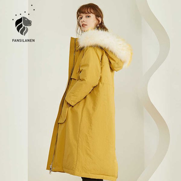 FANSILANEN Casual Cuello de piel Amarillo Abrigo largo abajo Mujeres Otoño Invierno con capucha de gran tamaño Puffer Chaqueta Wram Light Parka 210607