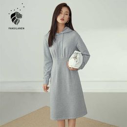 FANSILANEN Casual long sweat à capuche robe femmes 100% coton bureau dame élégant manches longues mince automne hiver 210607