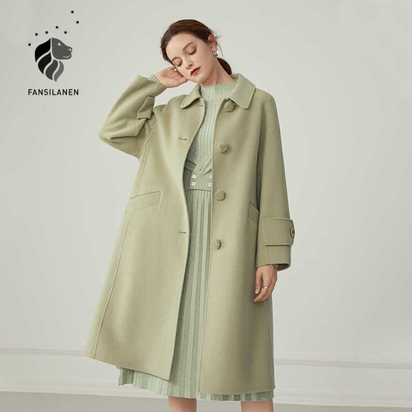 FANSILANEN elegante abrigo largo de mezcla de lana de 100% para mujer, chaqueta verde de Cachemira para otoño e invierno, abrigo de lana rojo con cinturón vintage para mujer 210607