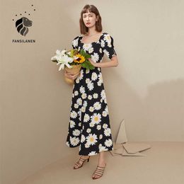 Fansilanen Floral Imprimer Vintage Longue Robe Femmes Été Manches bouffantes Élégant Noir Maxi Plage Boho Rétro Es Dames 210607