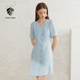 Fansilanen linnen vintage korte blauwe jurk vrouwen v-hals bladerdeeg mouw elegante zomer slanke sexy party office lady wrap 210607