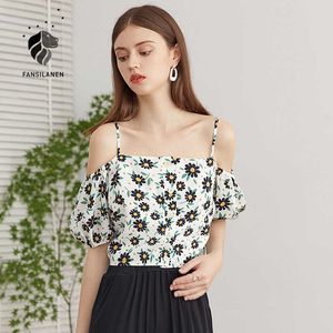 FANSILANEN Off épaule imprimé floral en mousseline de soie blouse chemise Femmes sexy wrap boho haut d'été Femme plage élégant bouton up 210607