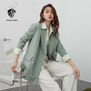 Fansilanen kantoor dames casual wit blazer vrouwen lente zwart oversized jas vrouwelijke elegante zakelijke korte groene jas 210607