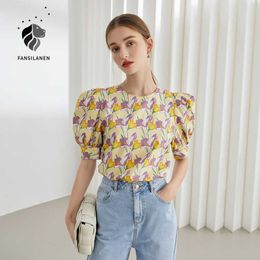 Fansilanen Office Lady 100% katoen Franse retro print ronde hals shirt vrouwelijke zomer bubble korte mouwen licht Rellow Blouse 210607