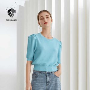 Fansilanen Office Dame Knitwear Dunne Puff Sleeve Tops Dames Zomer Korte Ronde hals Blauw Geel T-shirt Shirts voor 210607