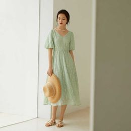 Fansilanen kantoor dame v-hals chiffon lange groene jurk vrouwen zomer textuur casual a-line rok jurken voor 210607