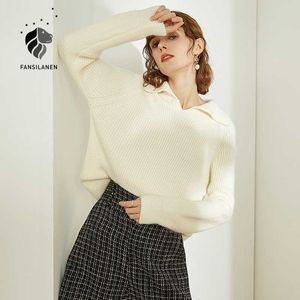 Fansilanen Polo Casual Wit Gebreide Pullover Dames Lange Mouw Dikke Pull Oversized Sweater Herfst Winter Elegante Jumper Top 210607