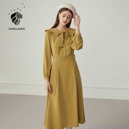 Fansilanen ruche boog lange vintage jurk vrouwen elegante herfst winter zwarte vrouwelijke mouw geel kantoor vestidos 210607