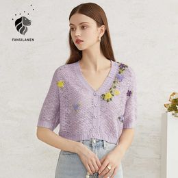 Fansilanen Sexy Hollow Out Floral Broderie Chemisier tricoté Femmes Summer Boho Bouton Up Femelle Purpel V Col Top 210607