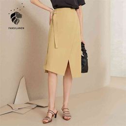 FANSILANEN Sexy Split Bandage Wrap A-Line Jupe Femmes Office Lady Élégant Midi Noir Jupe Vintage Blanc Taille Haute Jupe Bas 210412