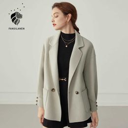 FANSILANEN, chaqueta informal corta de lana de 100% para mujer, chaqueta de invierno de lana de gran tamaño para mujer, bolsillo de Cachemira vintage sobre 210607