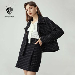 Fansilanen tweedelig Tweed zwarte jurk pak vrouwen outfit lurex plaid rok en top set vrouwelijke kantoor elegante winter sets 210607