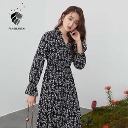 Fansilanen V cou sexy imprimé floral robe de printemps femmes manches évasées bureau noir long boho vacances élégante femme 210607