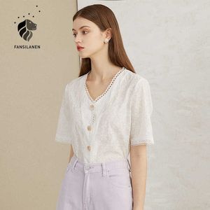 FANSILANEN col en V blanc dentelle blouse chemise femmes à manches courtes vintage floral haut d'été femme sexy coton bouton up 210607