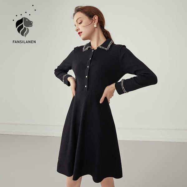 Fansilanen vintage franja vestido negro negro mujer delgado otoño invierno elegante camisa oficina señora manga larga lana sexy 210607