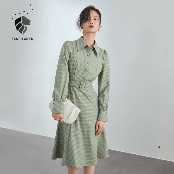 FANSILANEN Vintage vert chemise à carreaux robe femmes manches bouffantes décontracté printemps midi bureau dames ceinture mince élégant es 210607