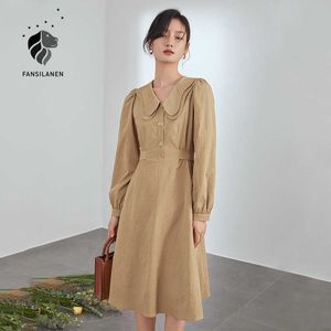 Fansilanen Vintage Puff Sleeve Crepe Midi Jurk Dames Elegant Bandage Zwart Shirt Spring Casual Vrouwelijke Wit ES 210607