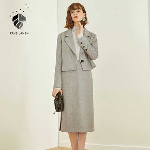 Fansilanen wol 2 stuk set vrouwen blazer pak kantoor dame elegante rok matching sets herfst winter vrouwelijke broek outfit 210607