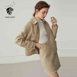 Fansilanen Wool Blend Casual Sets de traje de dos piezas Mujeres Oficina de invierno Oficina Oficina Elegante Falda y Set Top Sets Femeninas 211119