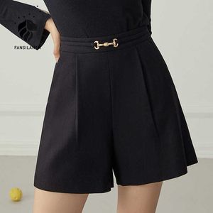 Fansilanen wol mix geplooid casual shorts vrouwen elegante hoge taille herfst winter vrouwelijke zwarte wijde been sexy korte broek 210607