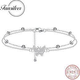 Fansilver 925 Sterling zilveren enkelarmbanden voor dames vlinder kralen met een enkelband gelaagde sierlijke ketting verstelbare voet sieraden 240522