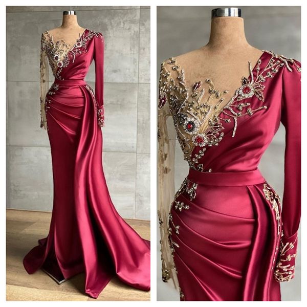 Fantastique Broderie Perles Appliqued Sirène Robes De Soirée Vintage Rouge Foncé Sheer À Manches Longues Plis Prom Party Robes Vestidos BC5321