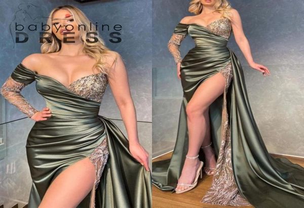 Vestidos de noche de satén de encaje fantásticos Sexy High Slit fuera de la sirena de la sirena de hombro Larras