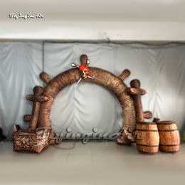 Fantastisch groot opblaasbaar piratenschip boog roer replica schedel bord met schatkist en eiken vat voor club toegangsdeur